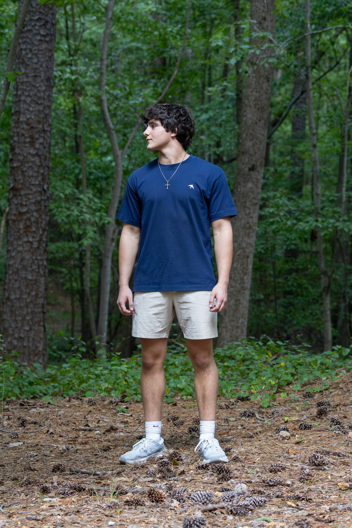 BIRD Falcon Tee in navy, worn outdoors