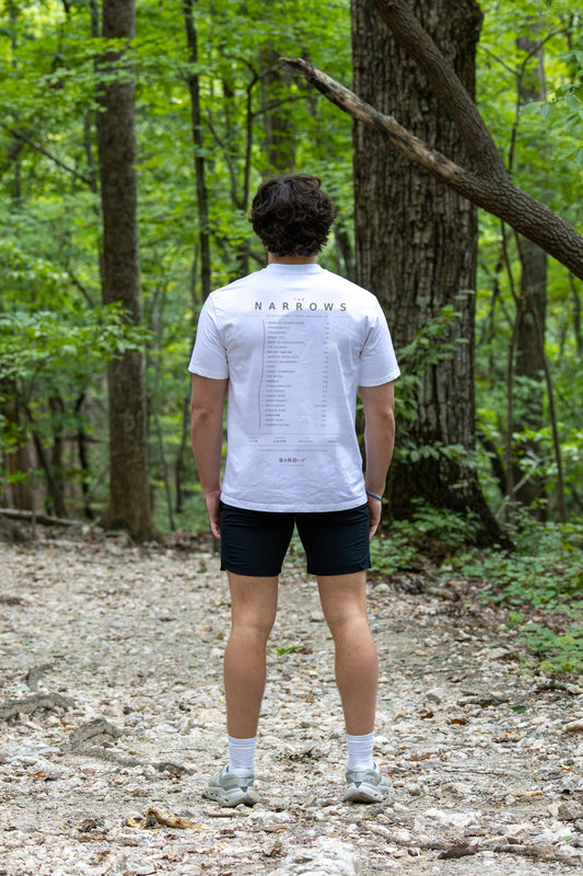Green Narrows Light tee, White — back view, full length