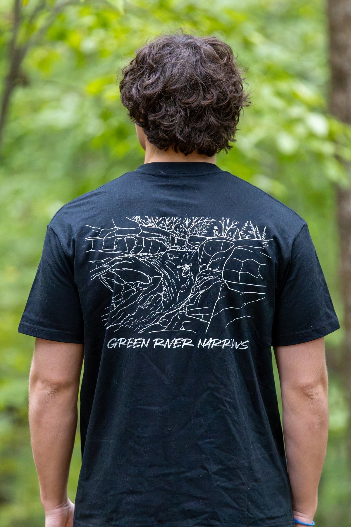 Green Narrows Illustrated tee — back print close-up, The Narrows line drawing