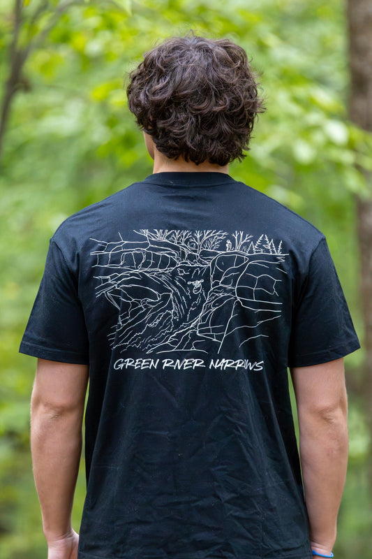 Green Narrows Illustrated tee — back print close-up, The Narrows line drawing