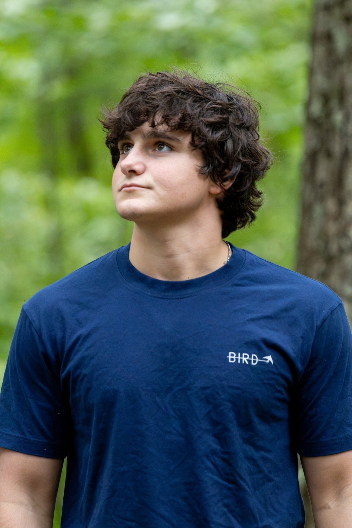 Upper Gauley Dark tee, Navy Blue — front view, BIRD chest mark