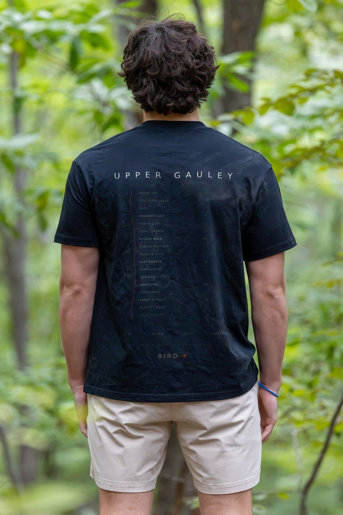 Upper Gauley Dark tee, Black — back print close-up, UPPER GAULEY rapid list