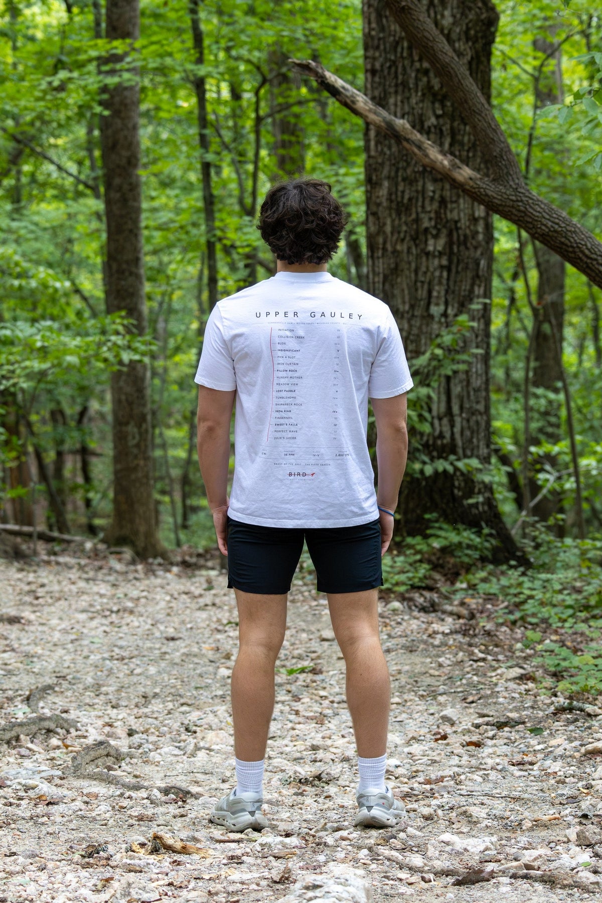 Upper Gauley Light tee, White — back view, full length