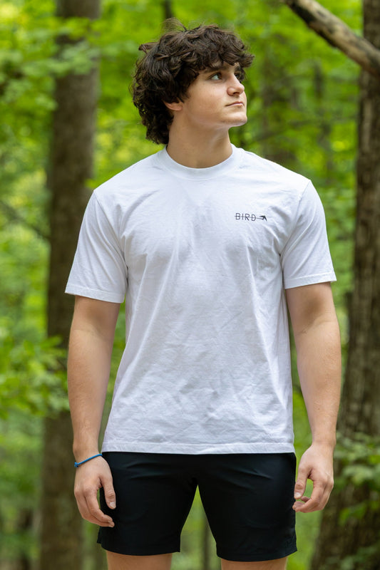 Upper Gauley Light tee, White — front view, BIRD chest mark